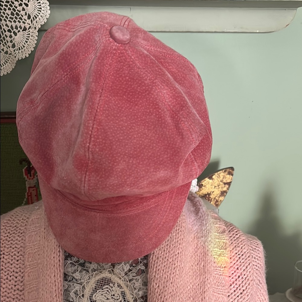 Pink Plush Newsboy Hat with Rounded Crown and Stiff Brim